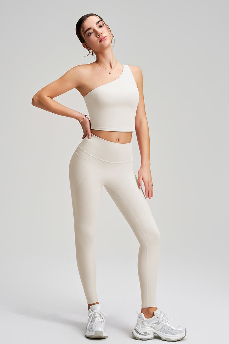 Women Single Shoulder Quick Dry Waist Shaping Yoga Set: Short Sleeve Bra + Leggings