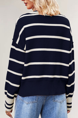 Women's Contrast Stripe Collared V Neck Knit Sweater