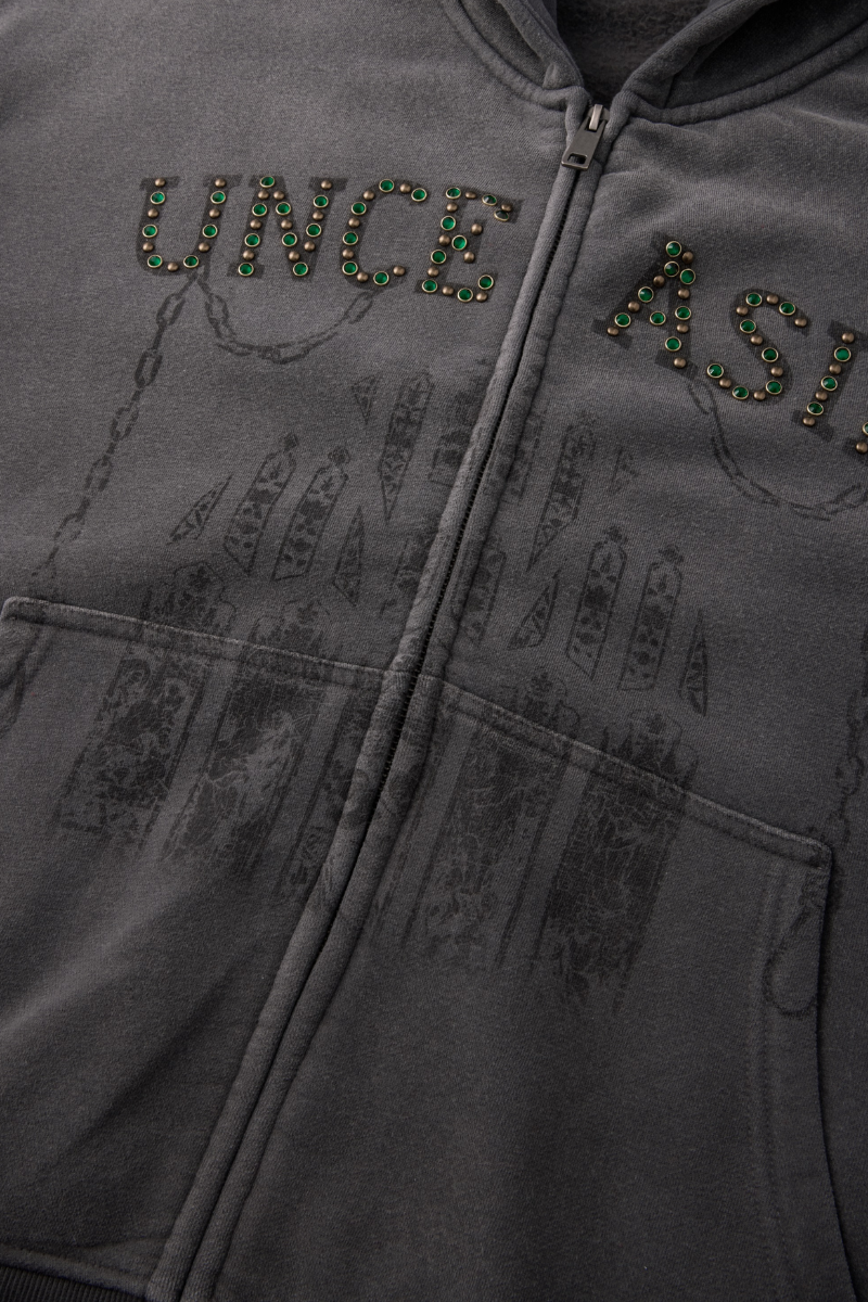 Men's Vintage Lettering Print With Rhinestone Fleece Jacket