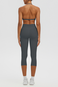 Women Halter V-neck Bra & High Waist Capri Leggings Yoga Set