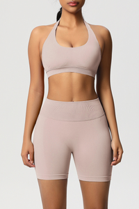 Women Halter Neck Yoga Set: High-Waisted Sculpting Shorts + Backless Sports Bra