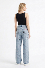 Women's High Waist Graffiti Ripped Wide Leg Jeans