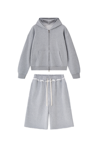 Men's 100% Cotton Loungewear Sets:Hooded Jacket &Mid Shorts