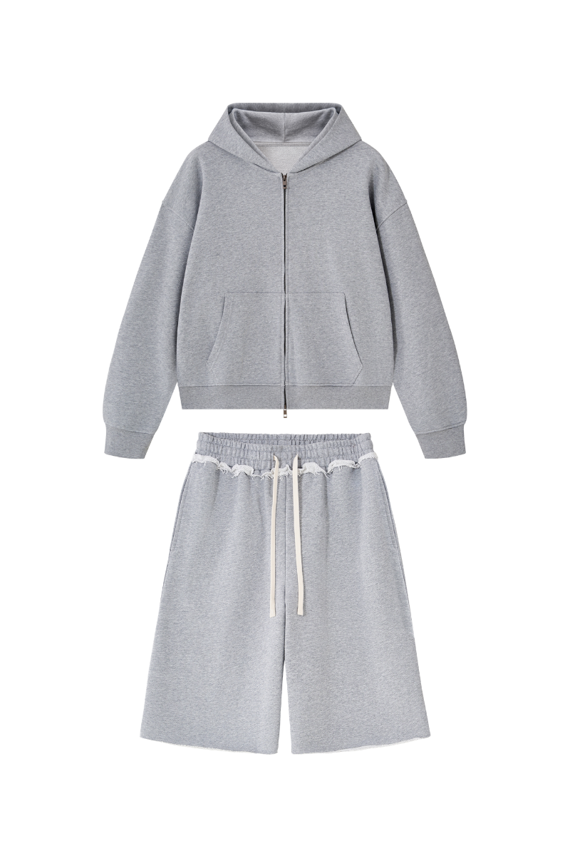 Men's 100% Cotton Loungewear Sets:Hooded Jacket &Mid Shorts