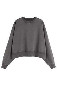 Women's Fall Solid Washed Cropped Crew Neck Sweatshirt