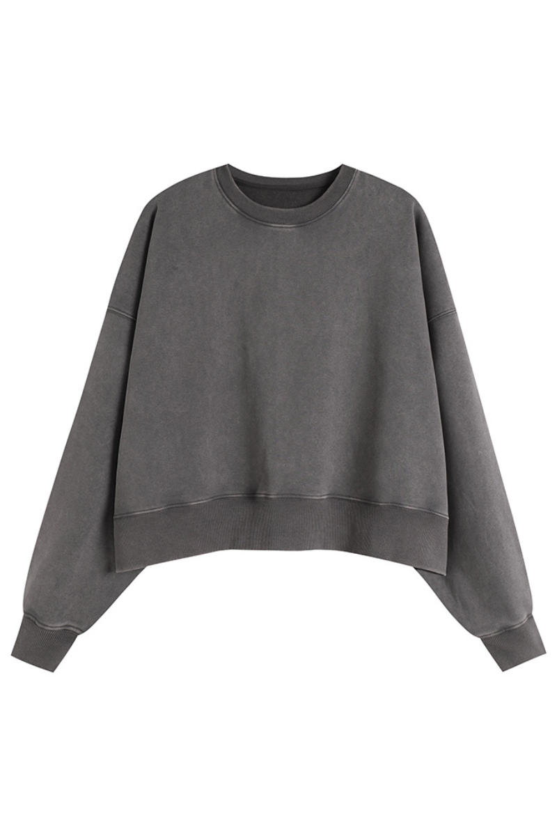 Women's Fall Solid Washed Cropped Crew Neck Sweatshirt
