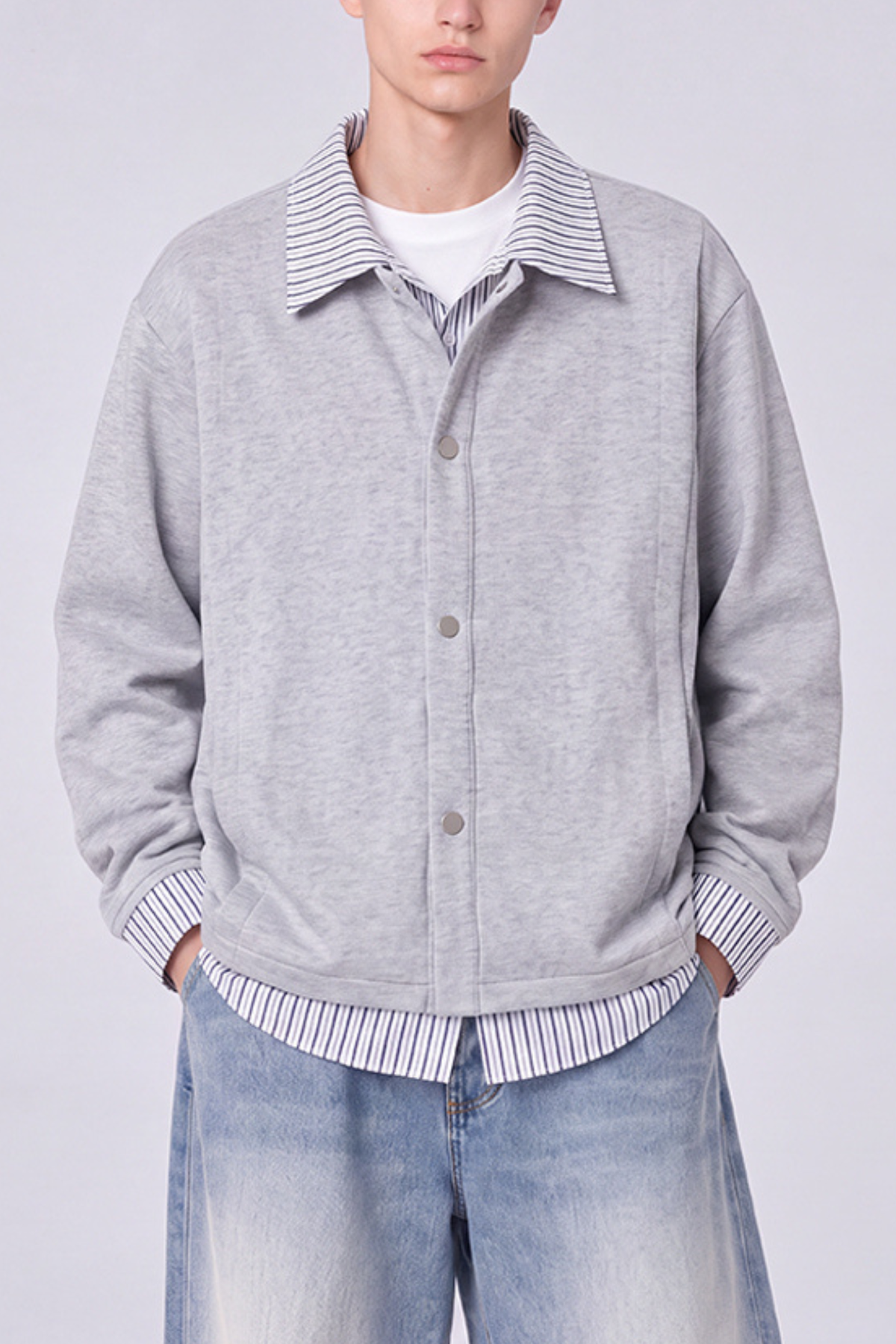 Men's Preppy Faux Layered Striped Trim Collared Jacket