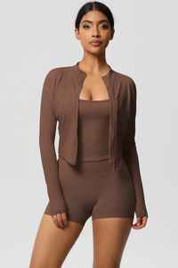 Women Tight Yoga Set:Brushed Sports Bra+ Zip Jacket + Shorts