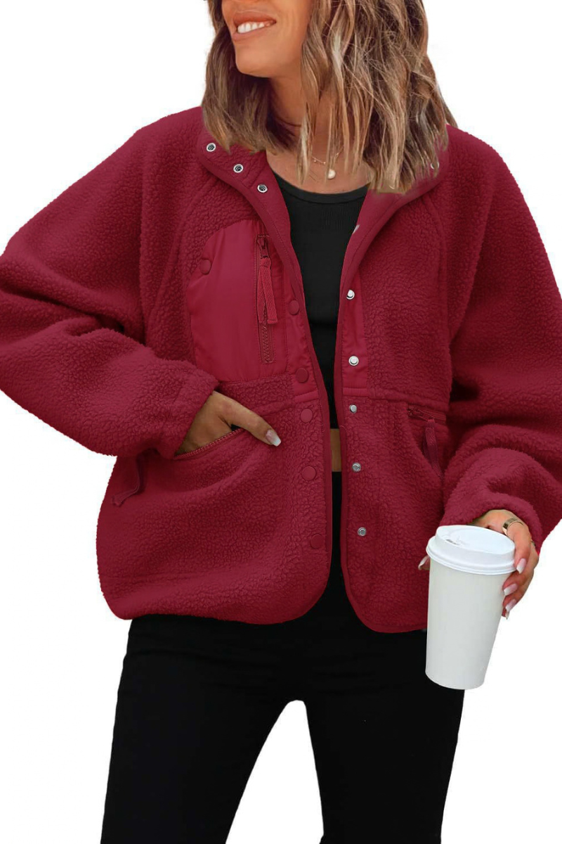 Women's Fall/Winter Patch Pockets Fleece Snap Button Jacket