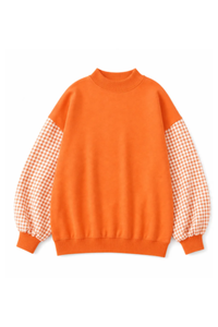 Women's Fall Gingham Spliced Oversize Mock Neck Sweatshirt