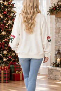 Women's Christmas Embroidery Bow Balloon Sleeve Sweatshirt