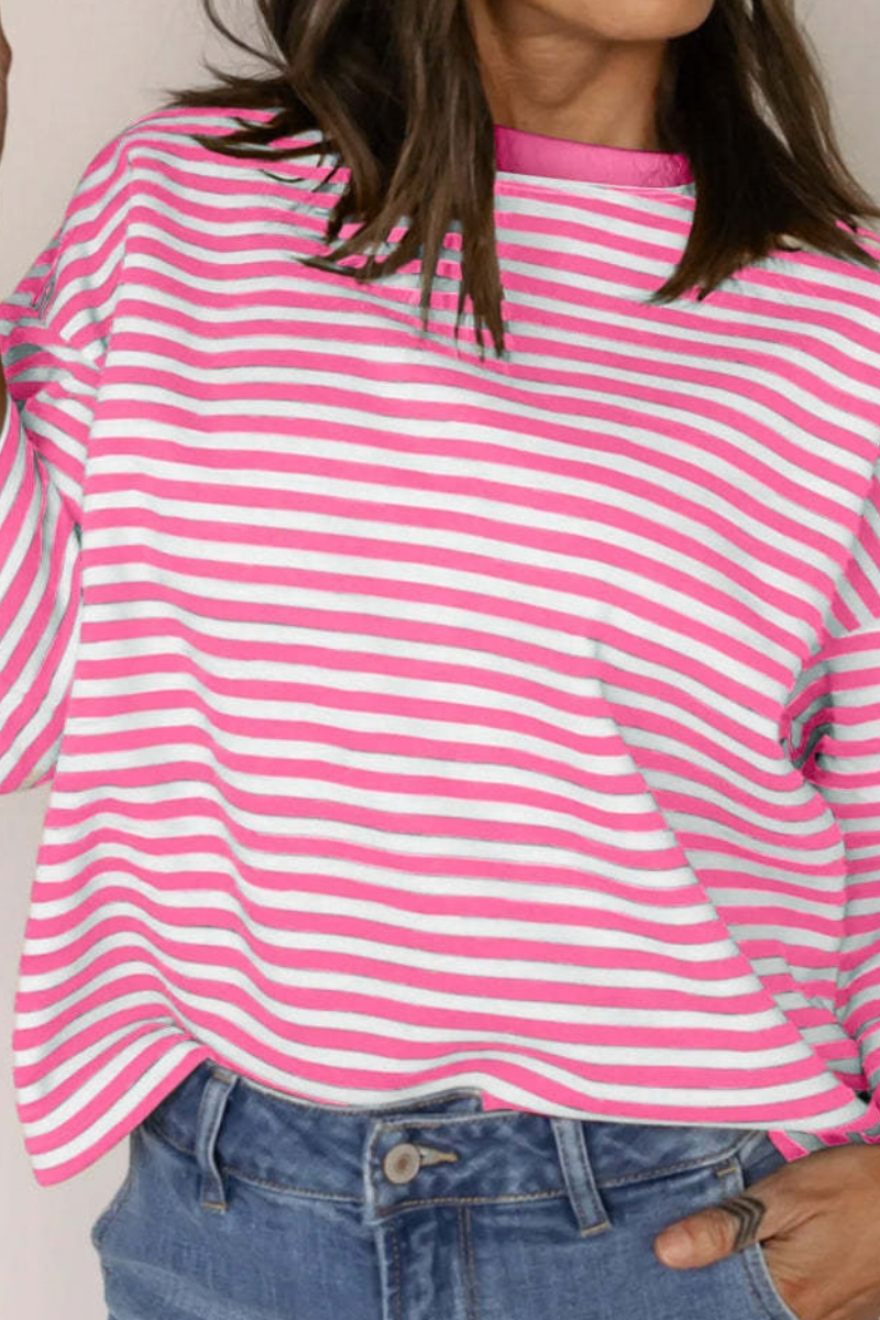 Women's Striped Round Neck Back Tie Blouse Loose T-shirt