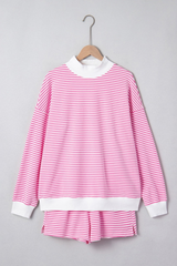 Women's Loungewear Sets:Striped Mock Neck Sweatshirt &Shorts