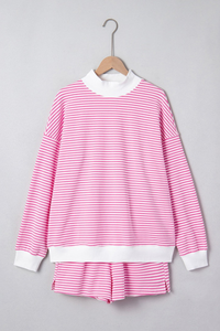 Women's Loungewear Sets:Striped Mock Neck Sweatshirt &Shorts