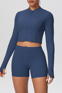 Women's Two Piece Set:Stand Collar Cropped Jacket And Shorts