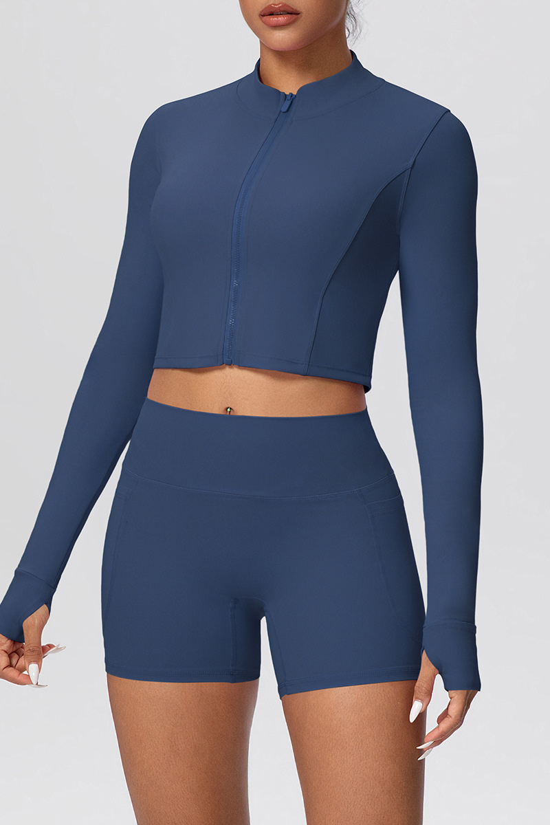 Women's Two Piece Set:Stand Collar Cropped Jacket And Shorts