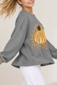 Women's Fall Halloween Cute Pumpkin Glitter Print Pullover