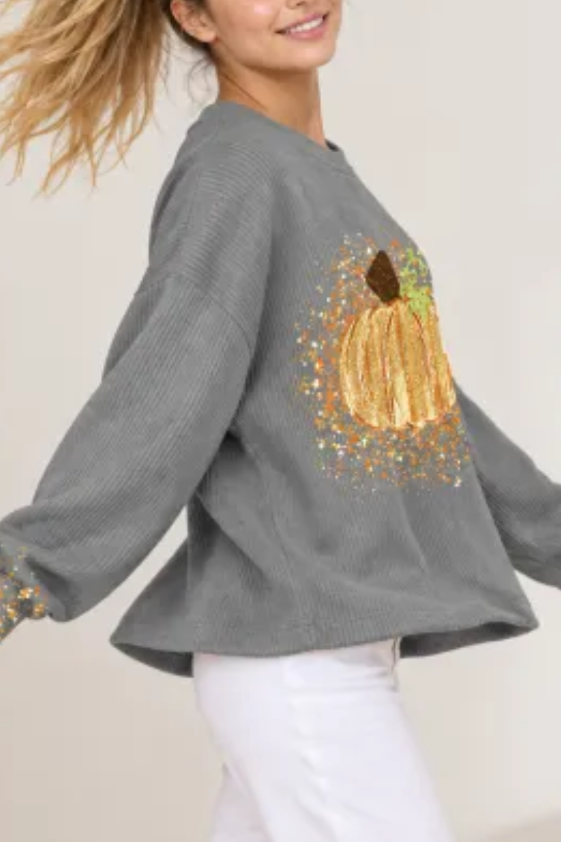Women's Fall Halloween Cute Pumpkin Glitter Print Pullover
