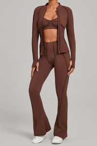 Versatile zipper-fastened matte-finish yoga three-piece set