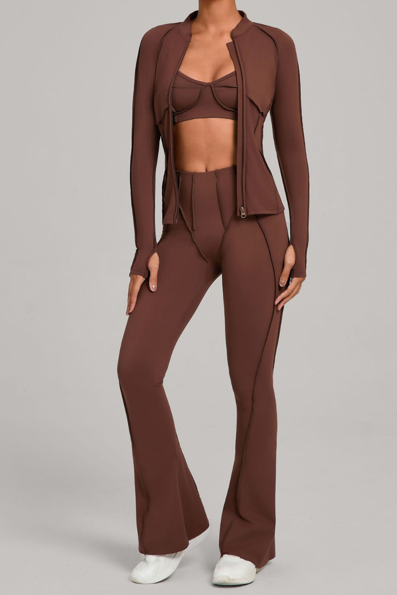 Versatile zipper-fastened matte-finish yoga three-piece set