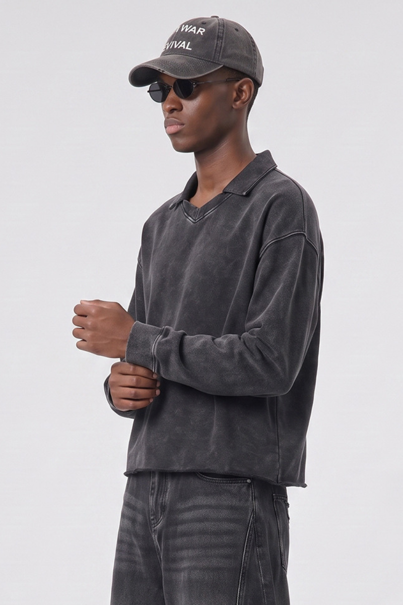 Unisex Fall 100% Cotton Washed Boxy V-Neck Polo Sweatshirt