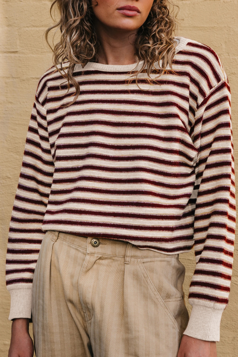 Women's Fall/Winter Striped Crew Neck Cropped Knit Sweater