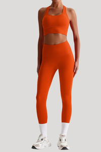 Women Naked Feel Cross Back Yoga Set: High Waisted Seamless Tummy Control Leggings + Crisscross Sports Bra