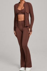 Versatile zipper-fastened matte-finish yoga three-piece set