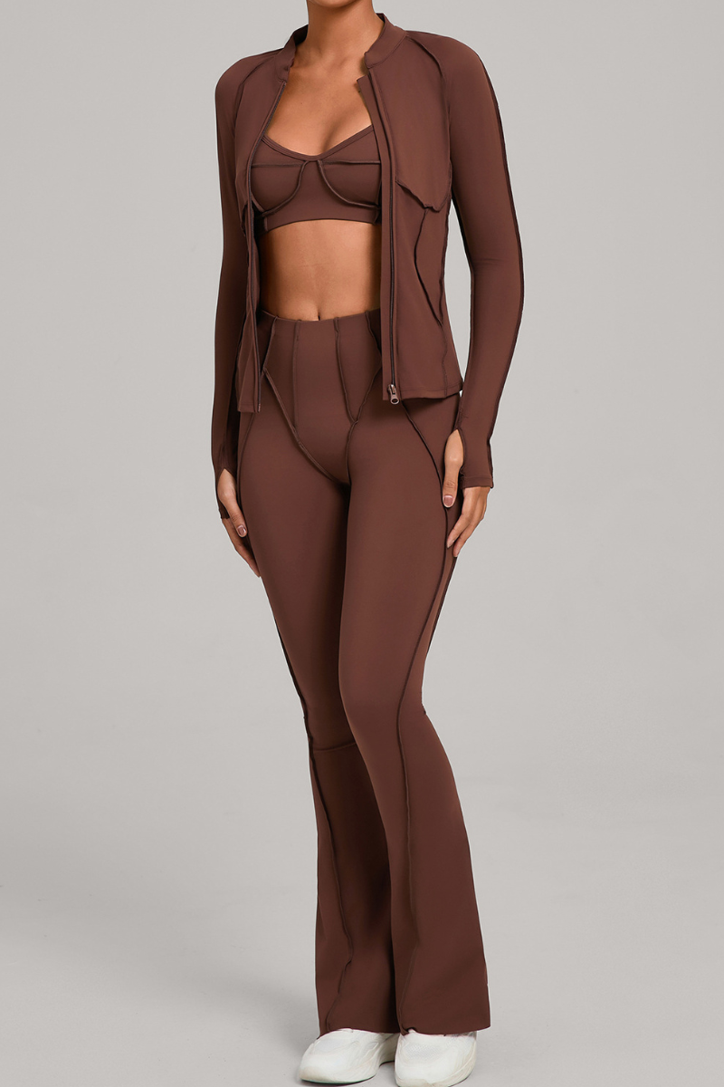 Versatile zipper-fastened matte-finish yoga three-piece set