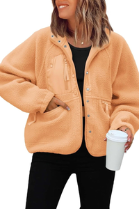Women's Fall/Winter Patch Pockets Fleece Snap Button Jacket