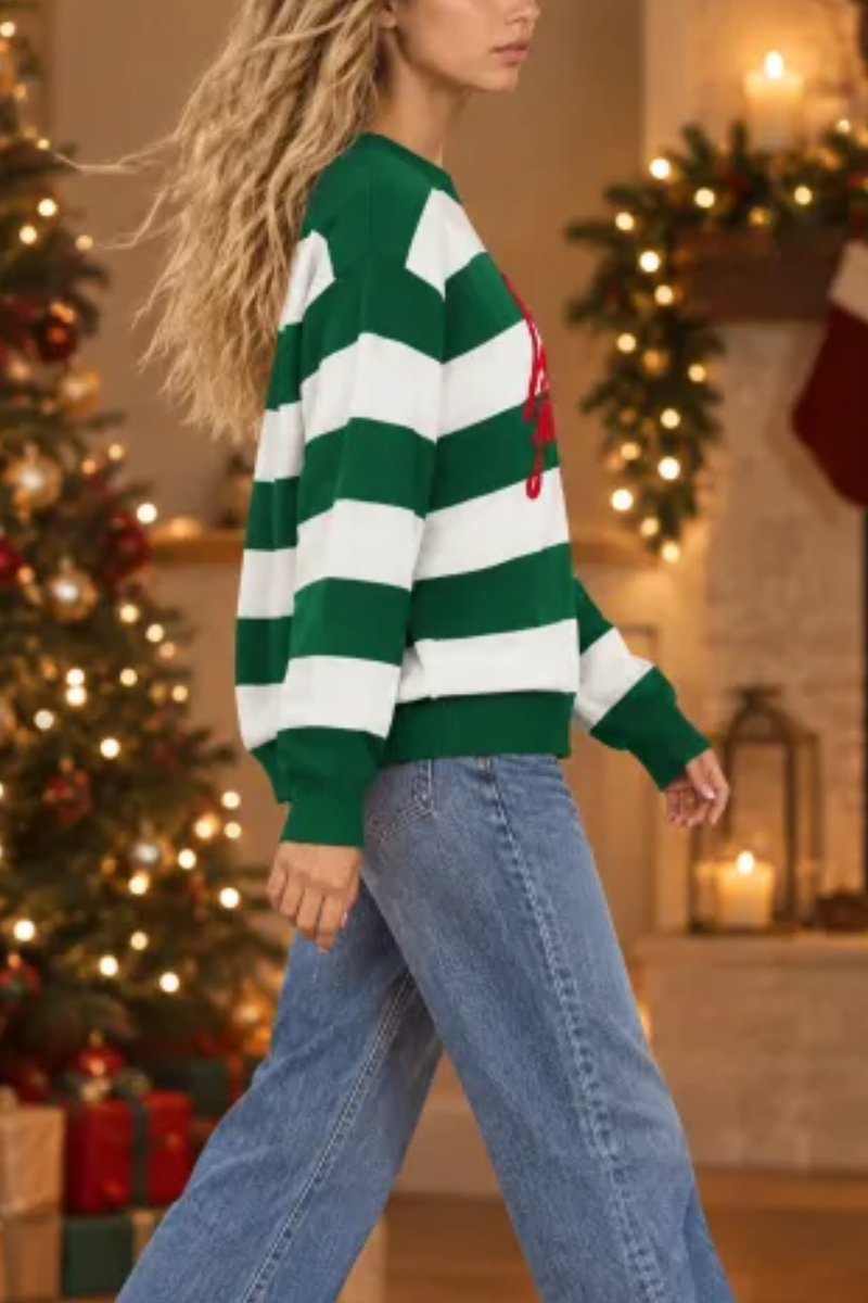 Women's Fall Christmas Embroidery Stripe Sweatshirt