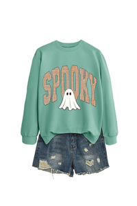 Women's Fall Halloween Plaid Ghost Print Oversize Pullover