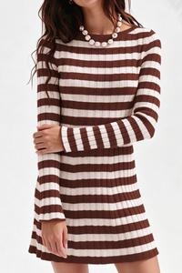 Women's Striped Ribbed Knit  Long Sleeve Bodycon Mini Dress