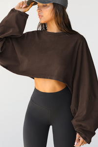 Women's Fall Cropped Drop Shoulder Relaxed Long Sleeve Top