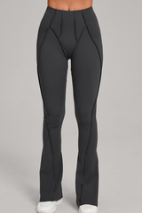 Wide-leg, snug, textured, and high-waisted flared pants