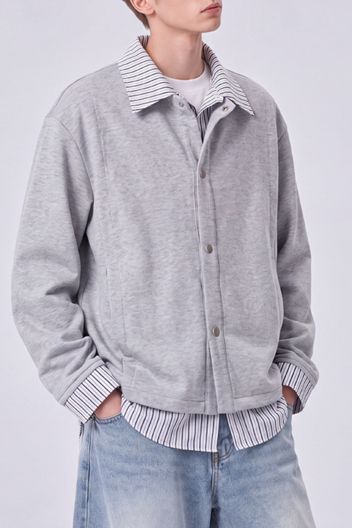 Men's Preppy Faux Layered Striped Trim Collared Jacket