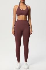 Women Seamless Knit Yoga Set: Halter Back Sports Bra + Sculpting Leggings