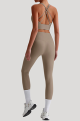 Women Naked Feel Cross Back Yoga Set: High Waisted Seamless Tummy Control Leggings + Crisscross Sports Bra