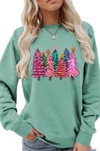 Women's Christmas Colorful Tree Print Crew Neck Sweatshirt