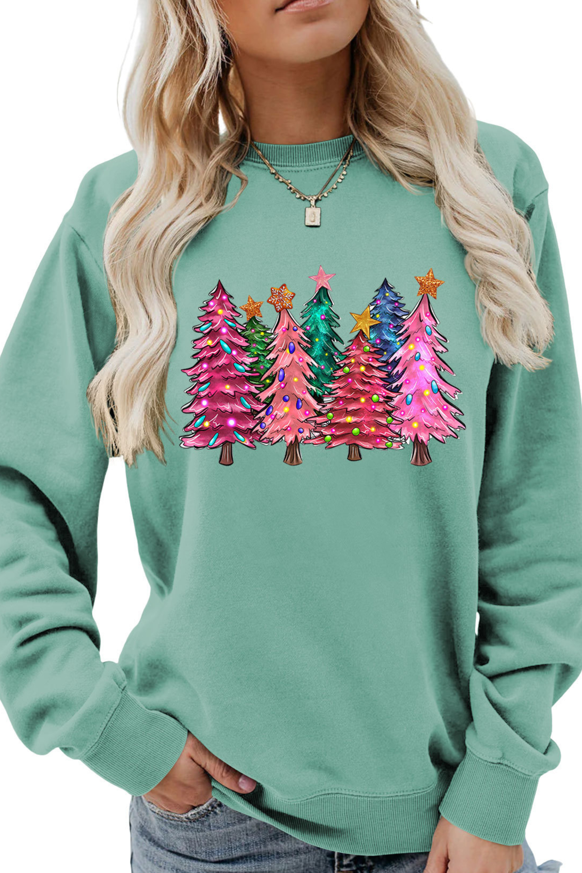 Women's Christmas Colorful Tree Print Crew Neck Sweatshirt
