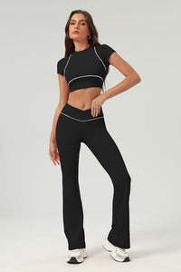 Women Urban Quick-Dry Color-Block Tennis Yoga Outfit Set With Crop Top & Flared Pants