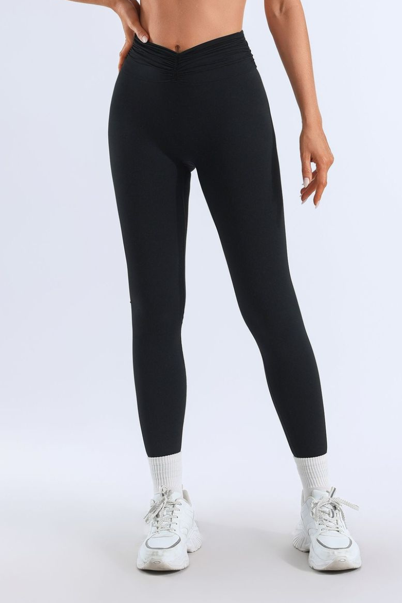 Women's Bare Feel Pleated V-Cross High-Stretch Yoga Leggings