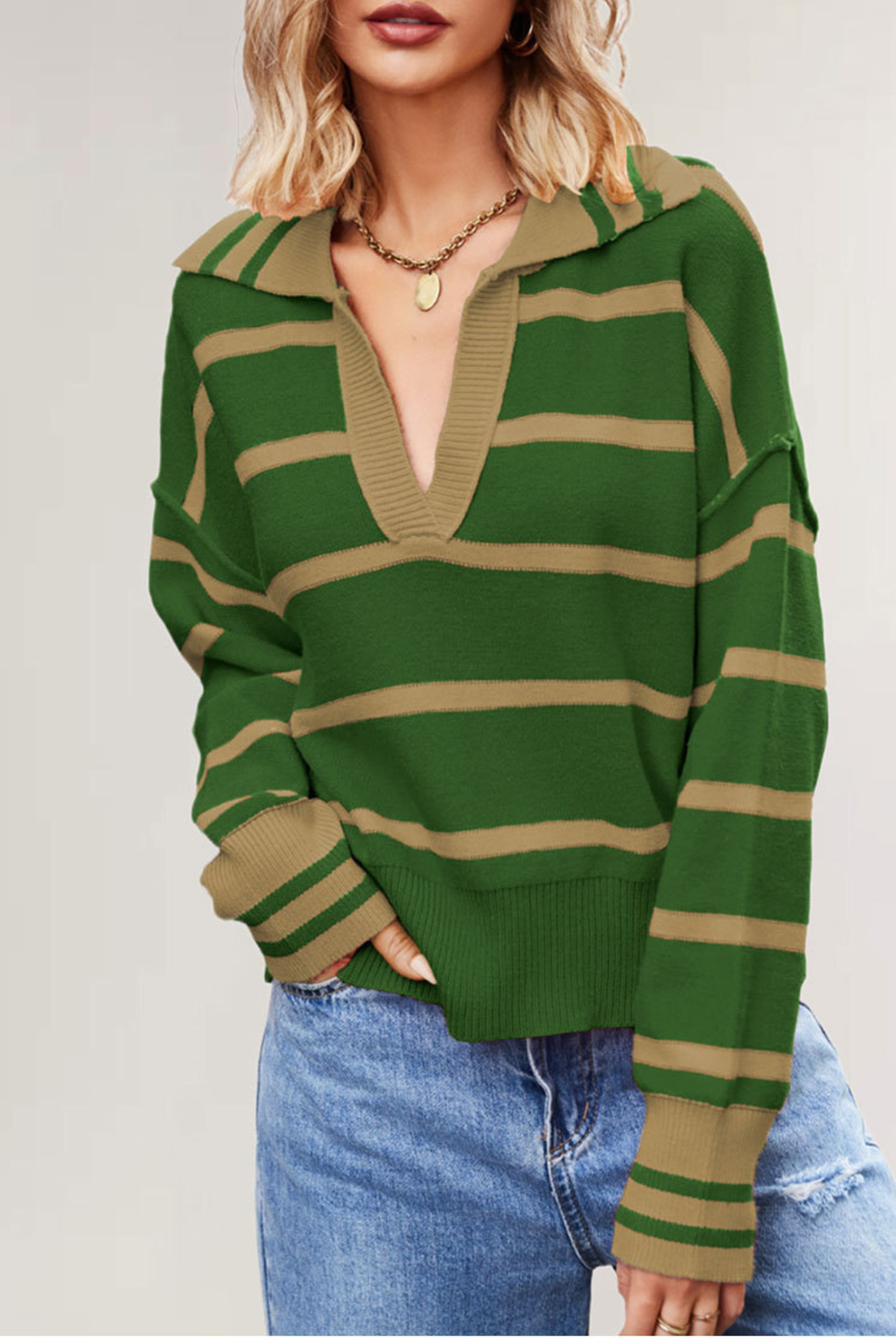 Women's Contrast Stripe Collared V Neck Knit Sweater