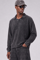 Unisex Fall 100% Cotton Washed Boxy V-Neck Polo Sweatshirt