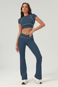 Women Urban Quick-Dry Color-Block Tennis Yoga Outfit Set With Crop Top & Flared Pants