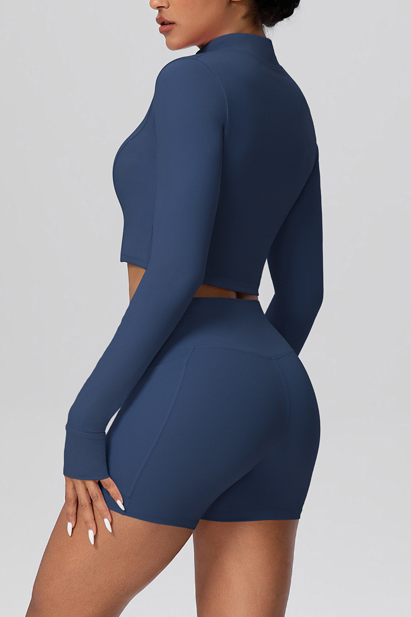 Women's Two Piece Set:Stand Collar Cropped Jacket And Shorts