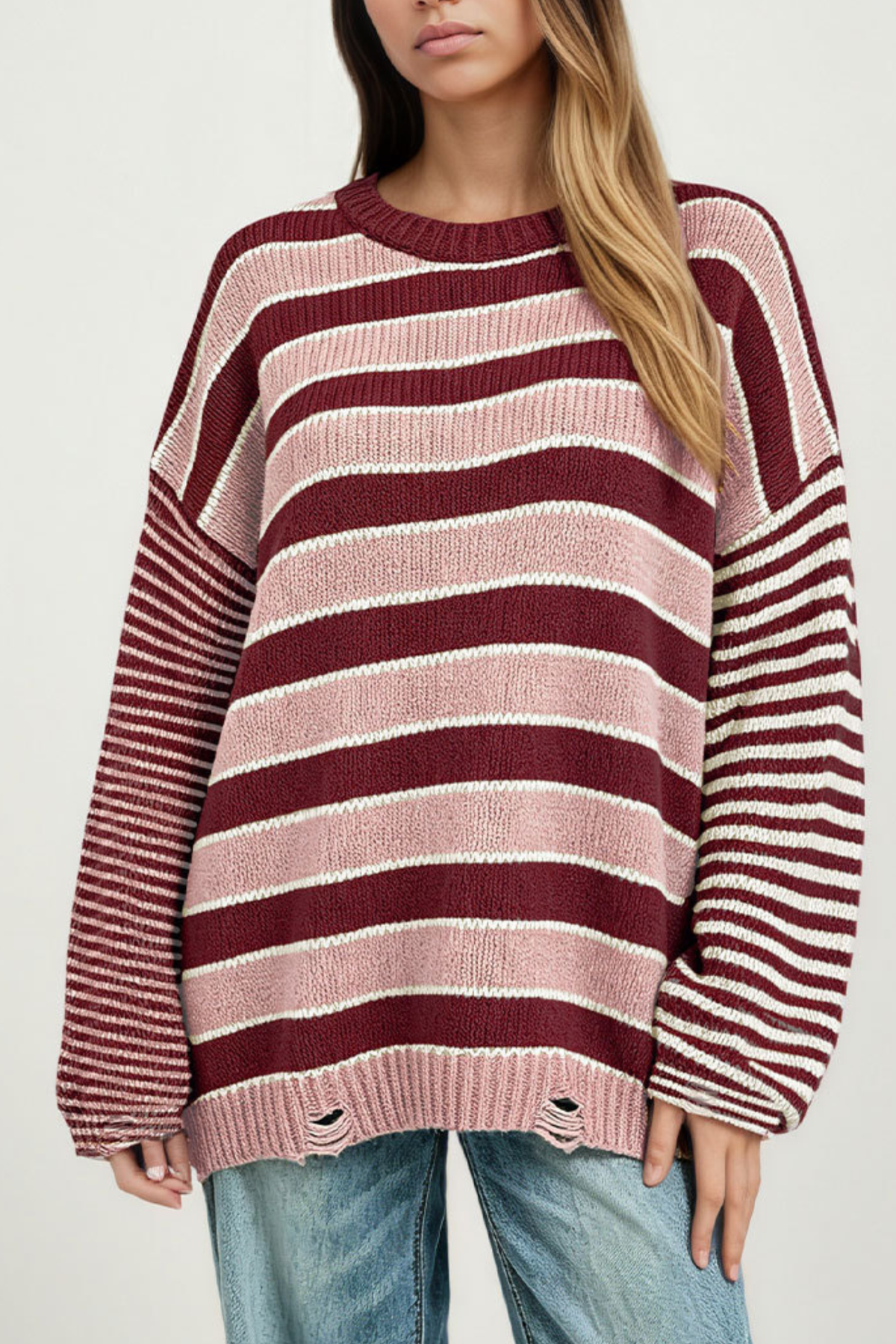 Women Crew Neck Contrast Stripe Distressed Hem Knit Sweater