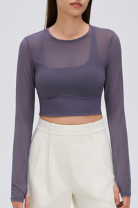 Women's Mock Two-Piece Mesh Padded Cropped Yoga Top