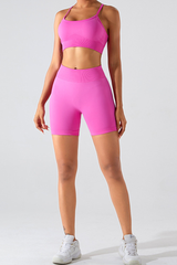 Women's Cross Back Bra And Pleated Buttocks Lift Shorts