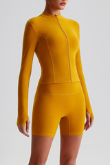 Women's Bare Feel Finger Cuffs Slim Yoga Jacket & Shorts Set